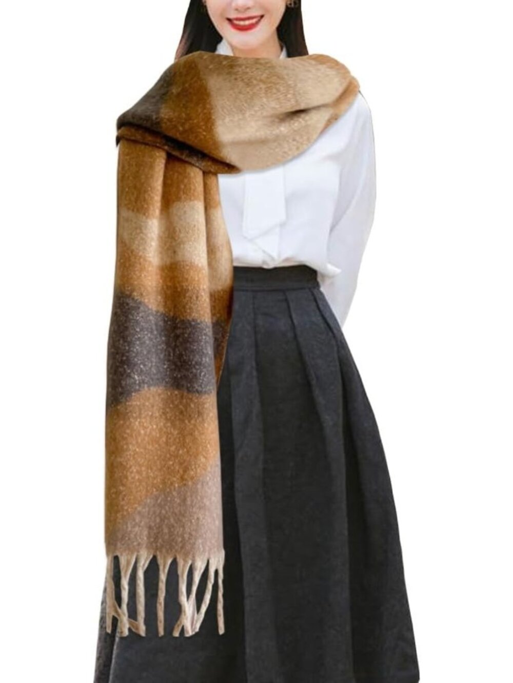 Oversized Chunky Plaid Scarf for Women | Soft Thick Warm Shawl with Tassels